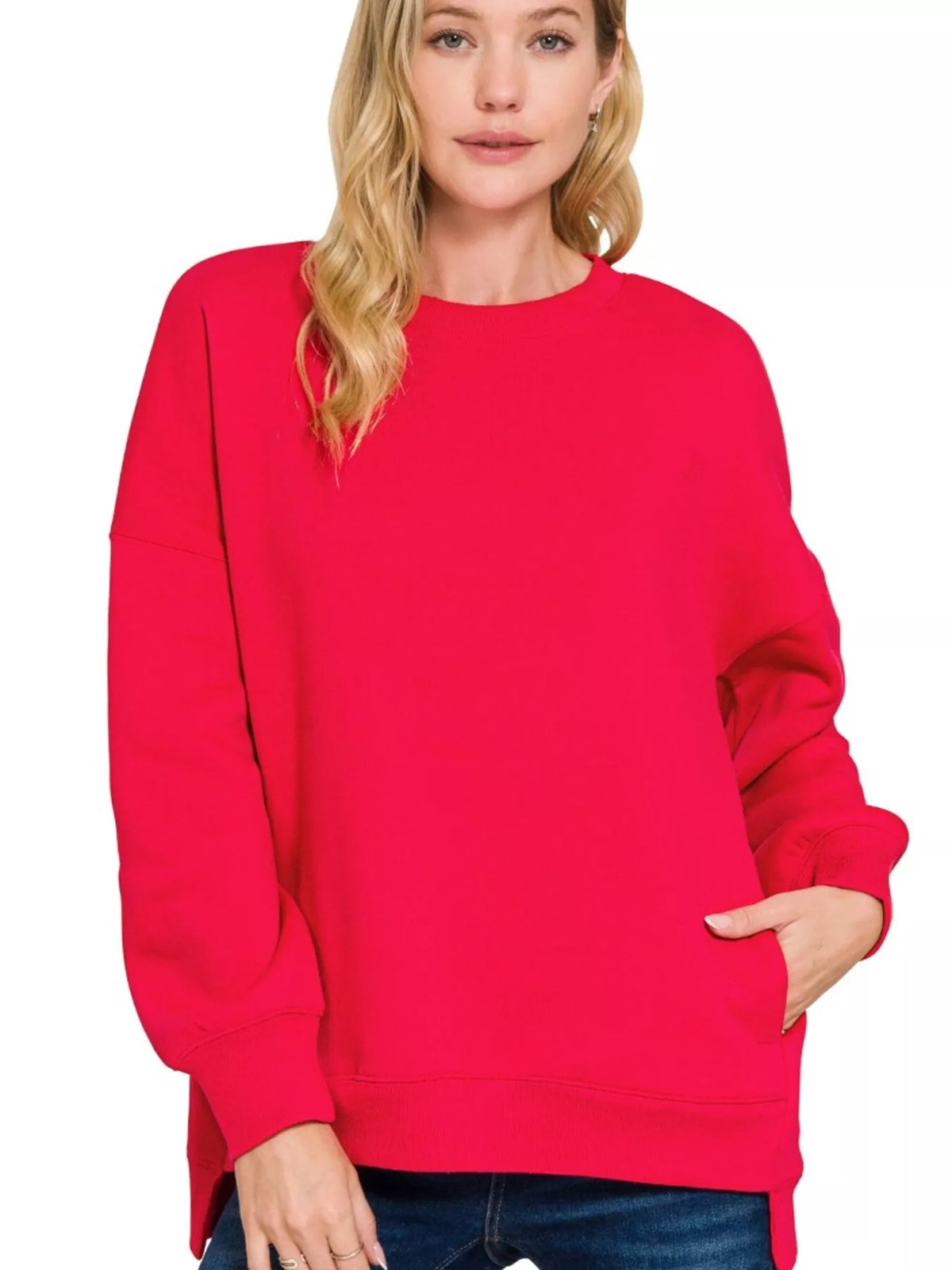 Barrel Jeans + Fleece Sweatshirt – top