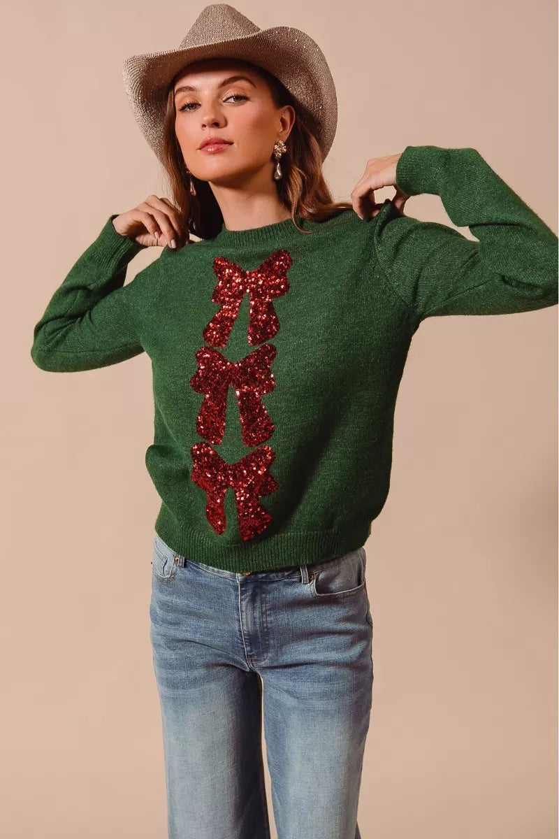 Holiday Denim + Sequin Bow Sweater – top