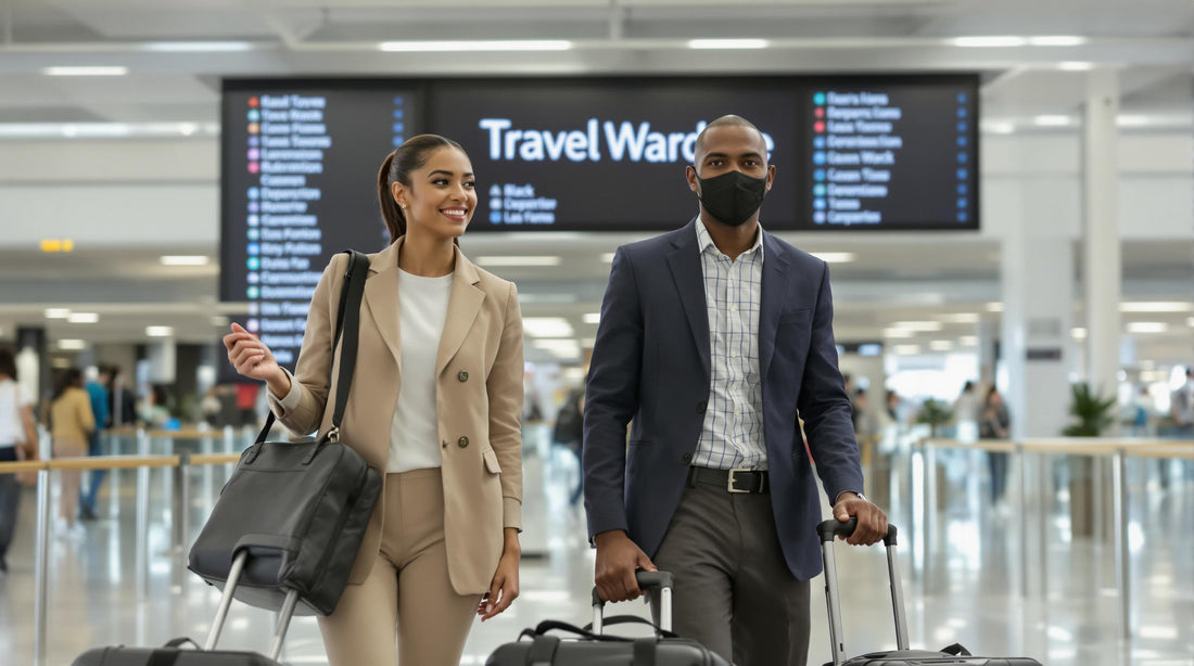 Travelers at airport in stylish travel outfits with 'Travel Wardrobe' text on departure board