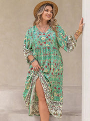 Plus Size Bohemian Floral Print Long Sleeve Midi Dress