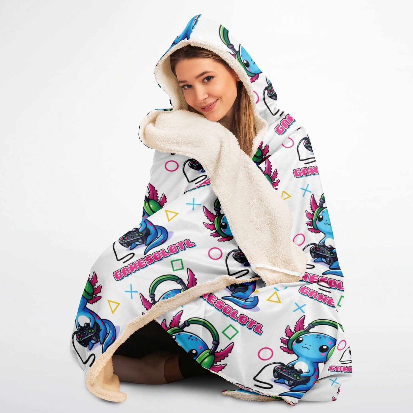 Gamesolotl Hooded Blanket - Ultra Soft Micro Fleece with Cute Axolotl Design - Cozy, Warm & All-Over Print