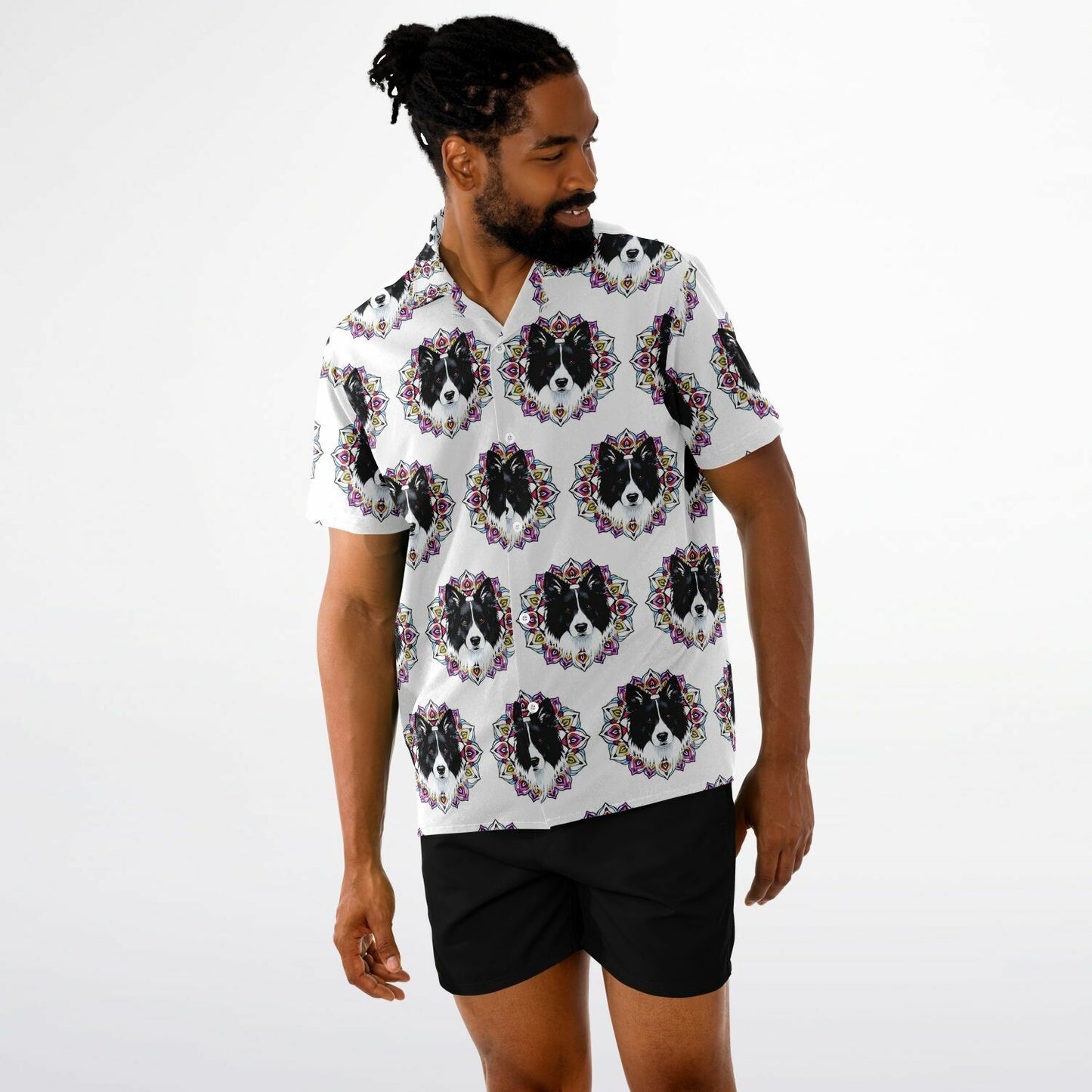 All-Over Dog Print Button-Down Shirt - Short Sleeve Spread Collar