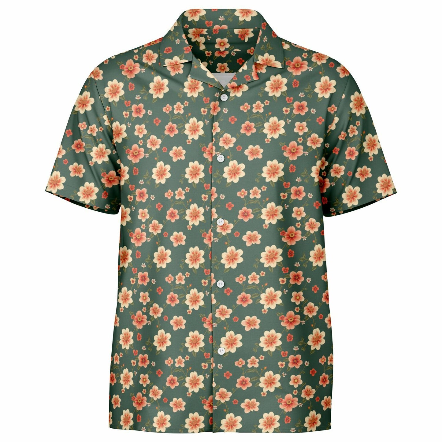 All-Over Floral Print Button-Down Shirt - Short Sleeve Spread Collar