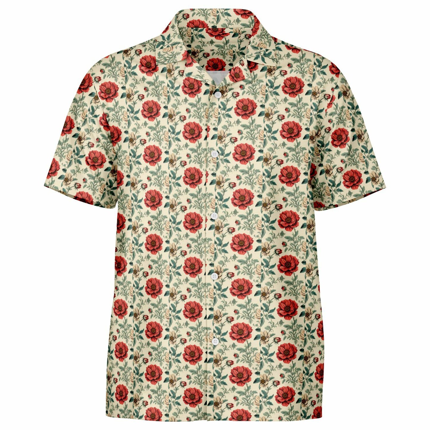 All-Over Rose Print Button-Down Shirt - Short Sleeve Spread Collar