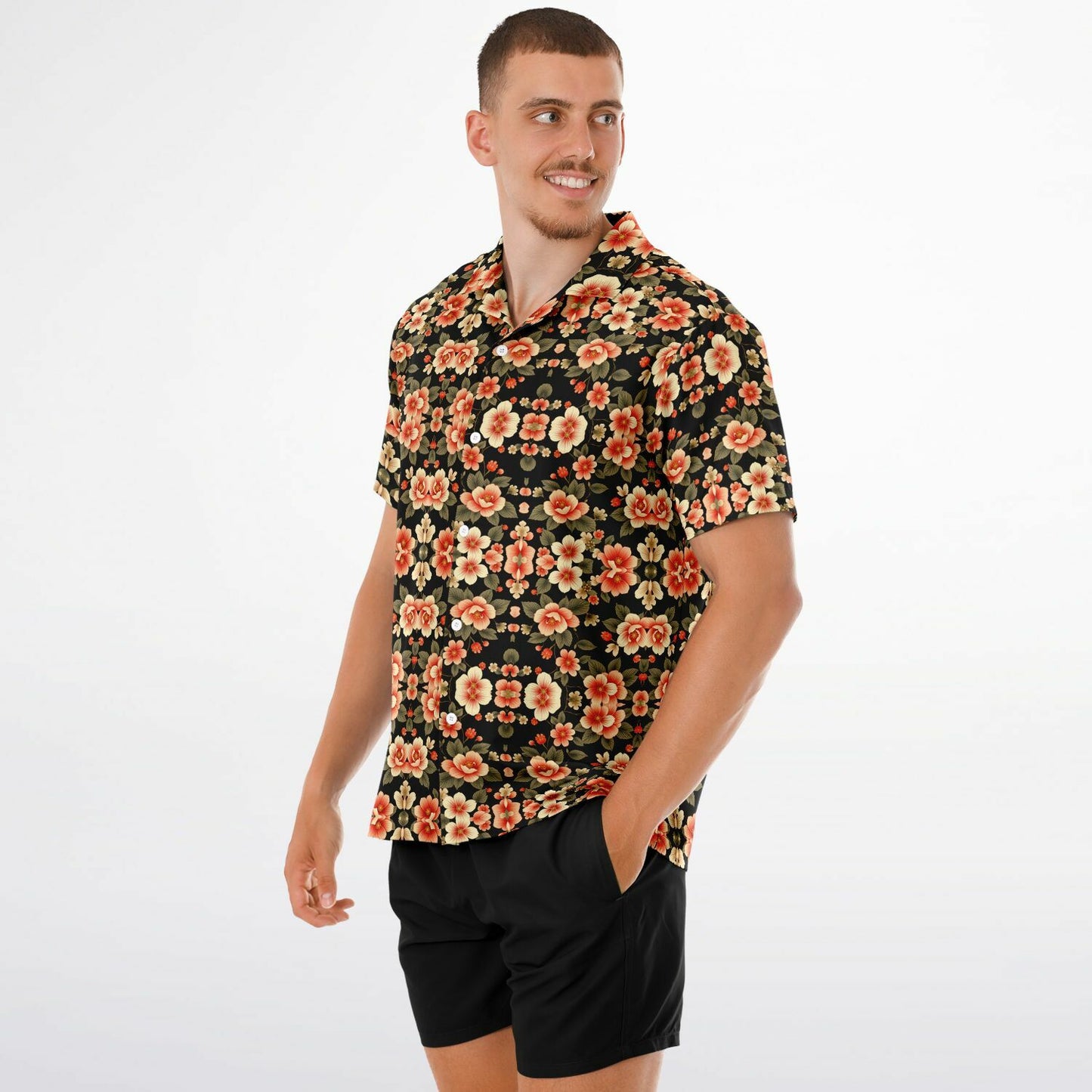 Black Floral Spread Collar Short Sleeve Button-Down Shirt - Bold & Trendy AOP