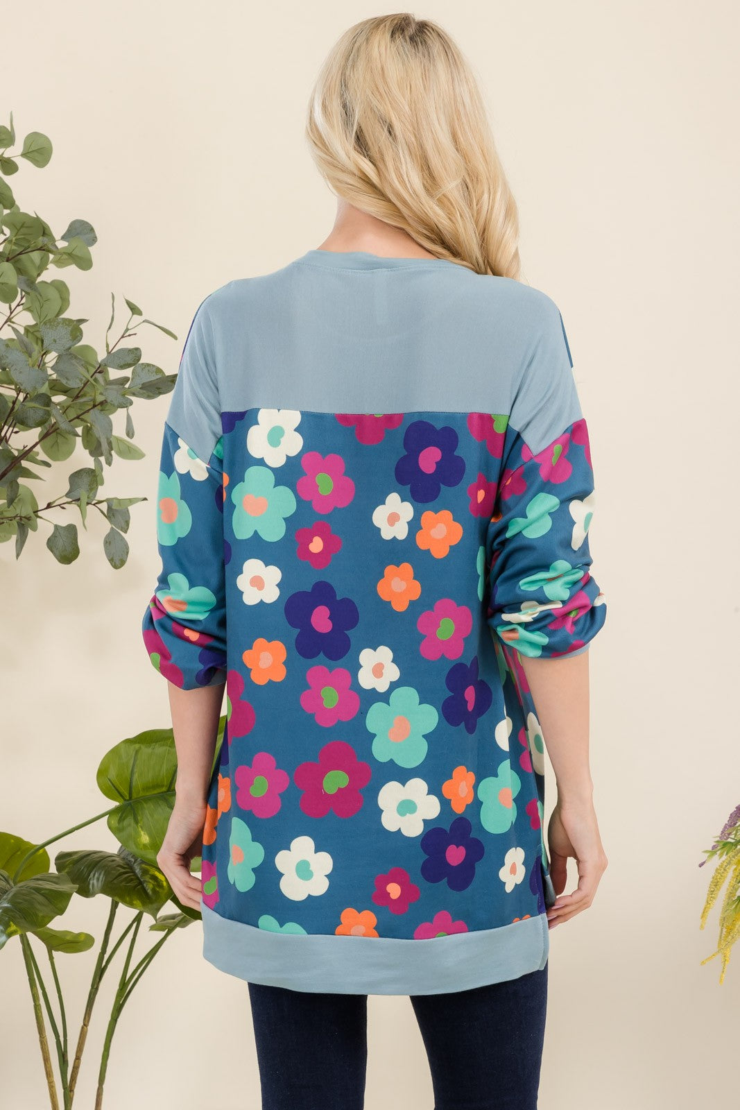 Celeste Full Size Side Slit Flower Print Long Sleeve Top