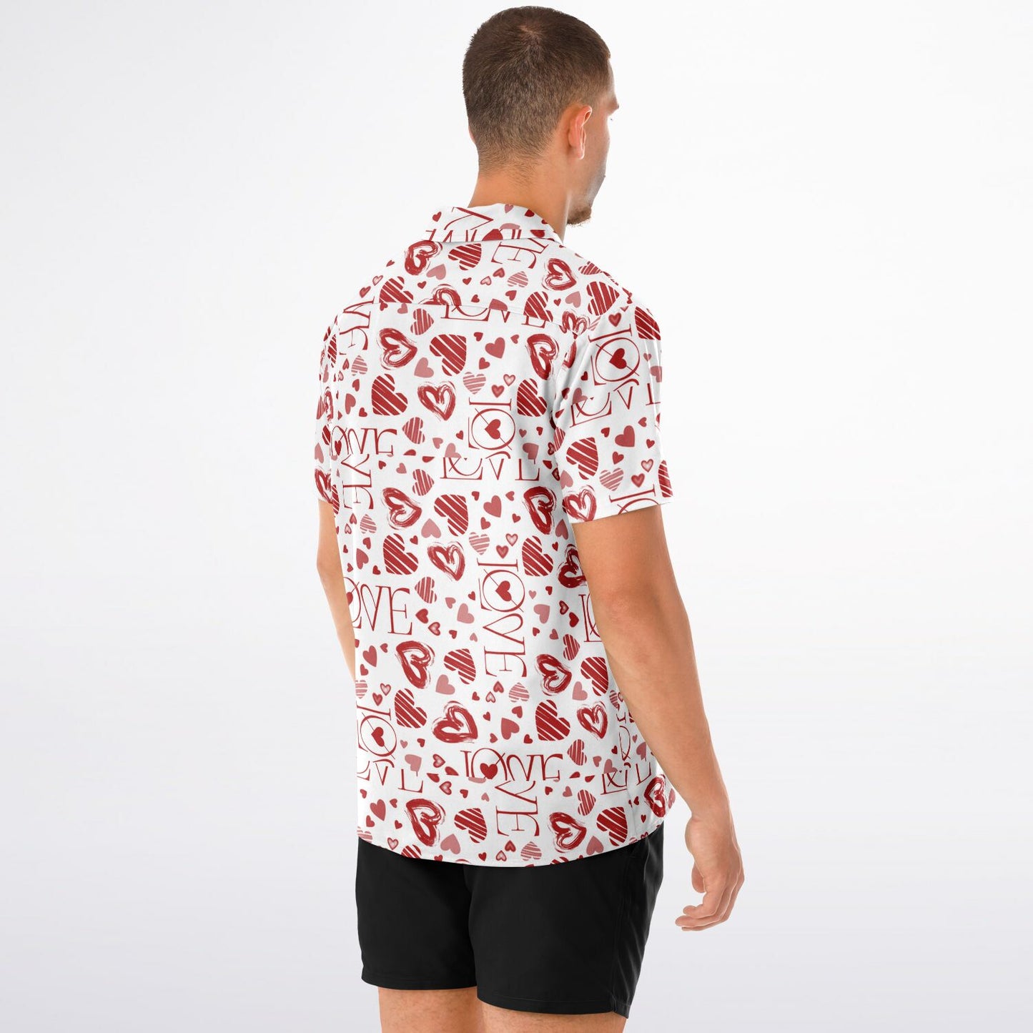 Heart patterned- Spread Collar Short Sleeve Button-Down Shirt - AOP