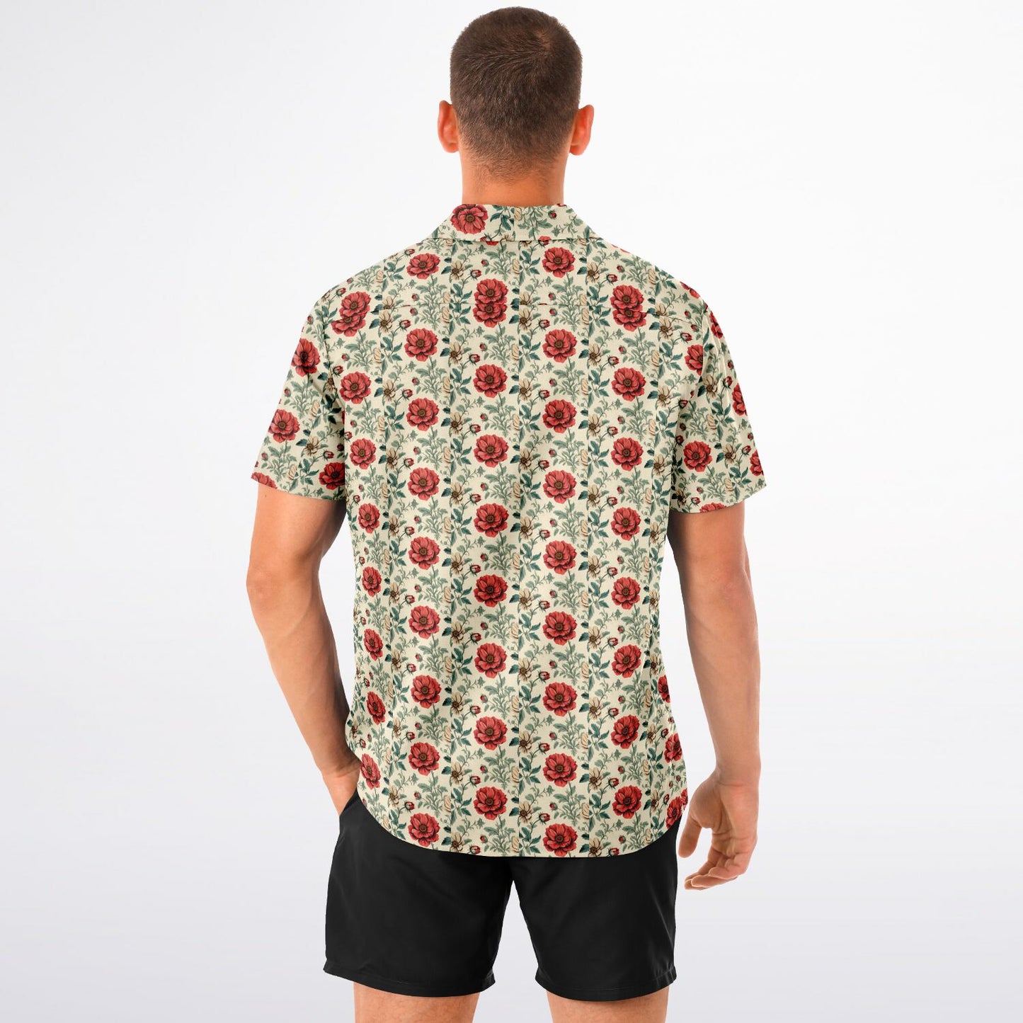 All-Over Rose Print Button-Down Shirt - Short Sleeve Spread Collar