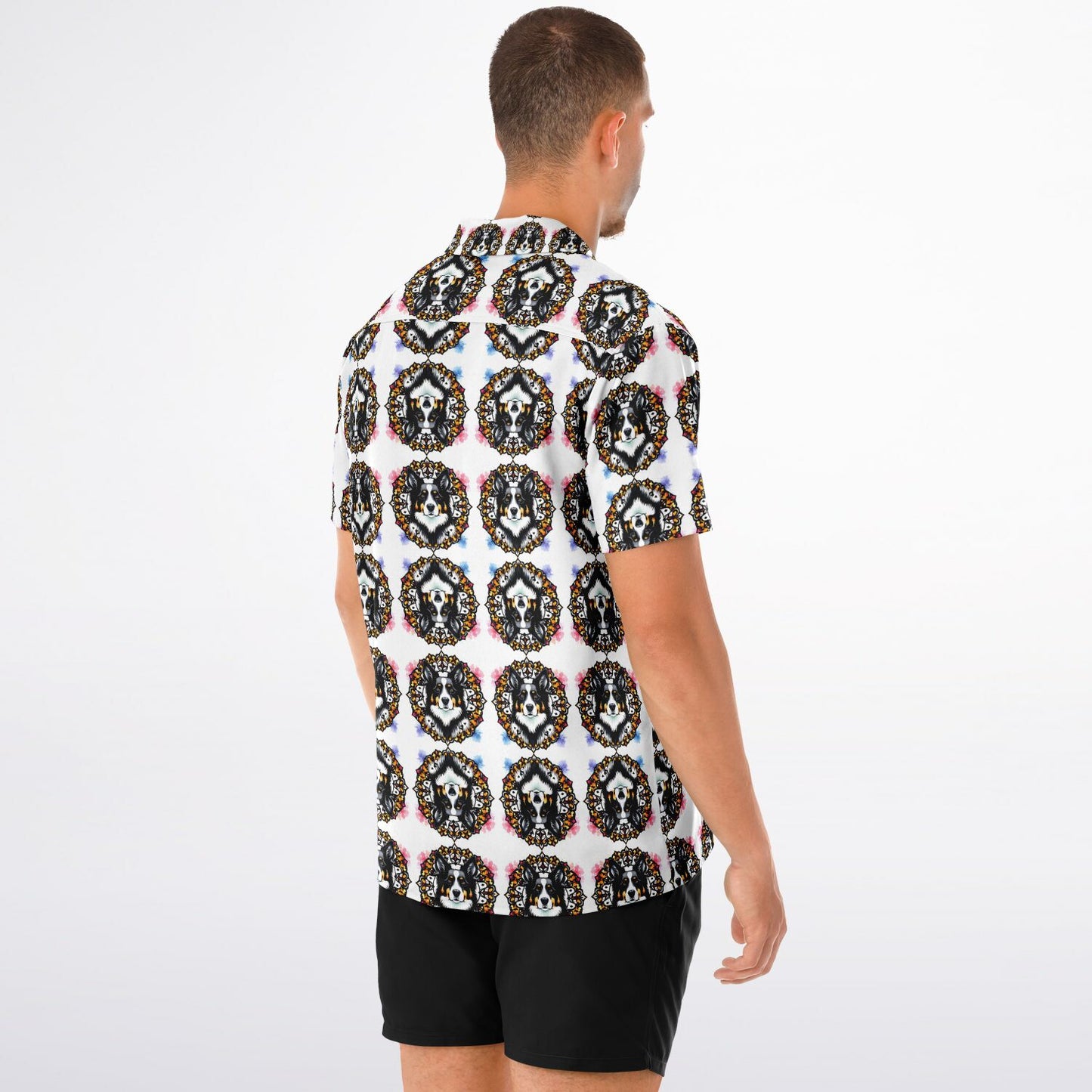 All-Over Dog Print Button-Down Shirt - Short Sleeve Spread Collar