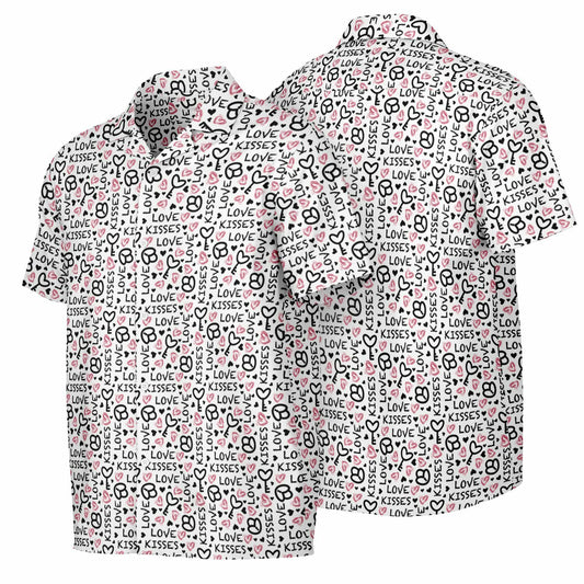 Love-Pattern Spread Collar Short Sleeve Button-Down Shirt – Trendy & Comfortable AOP