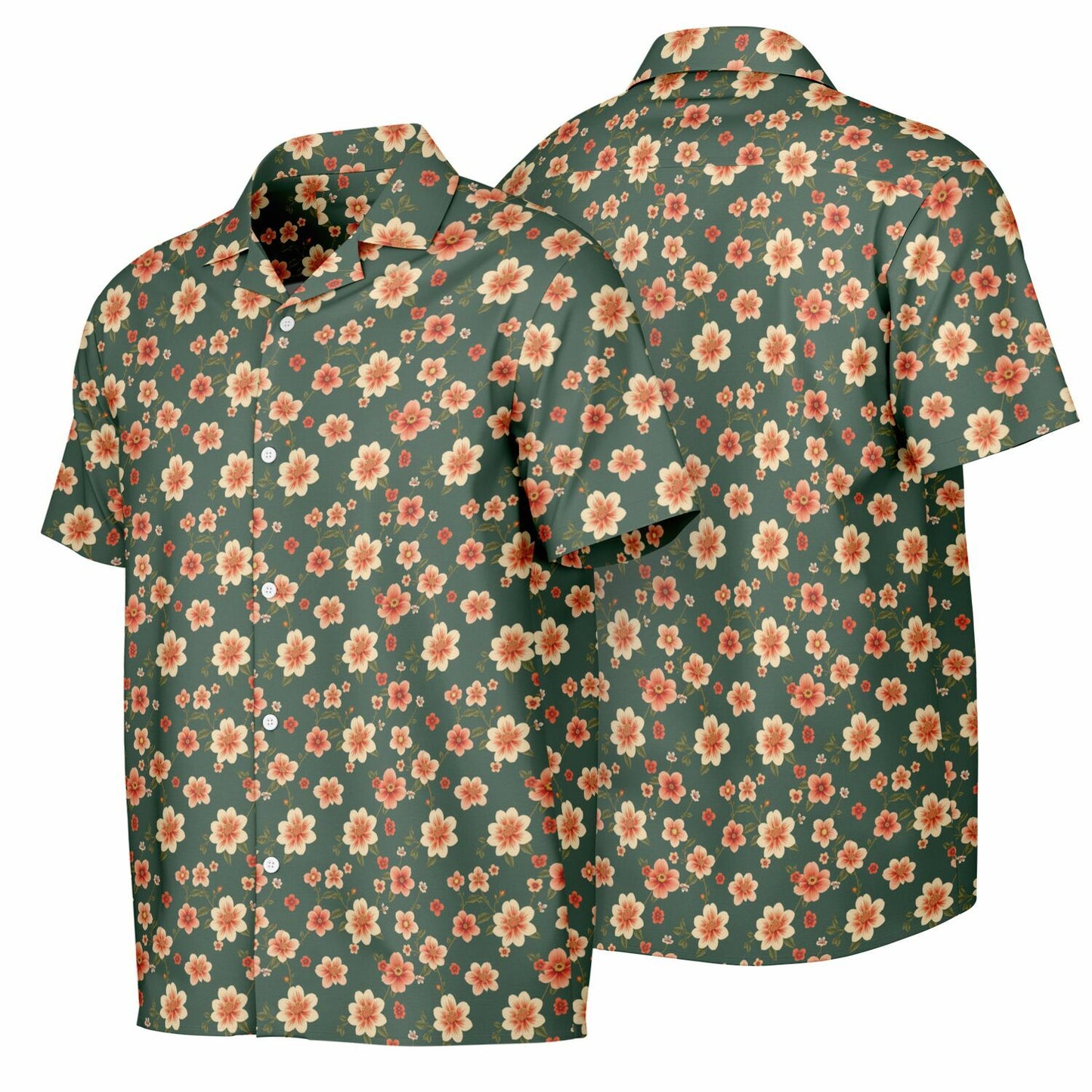 All-Over Floral Print Button-Down Shirt - Short Sleeve Spread Collar