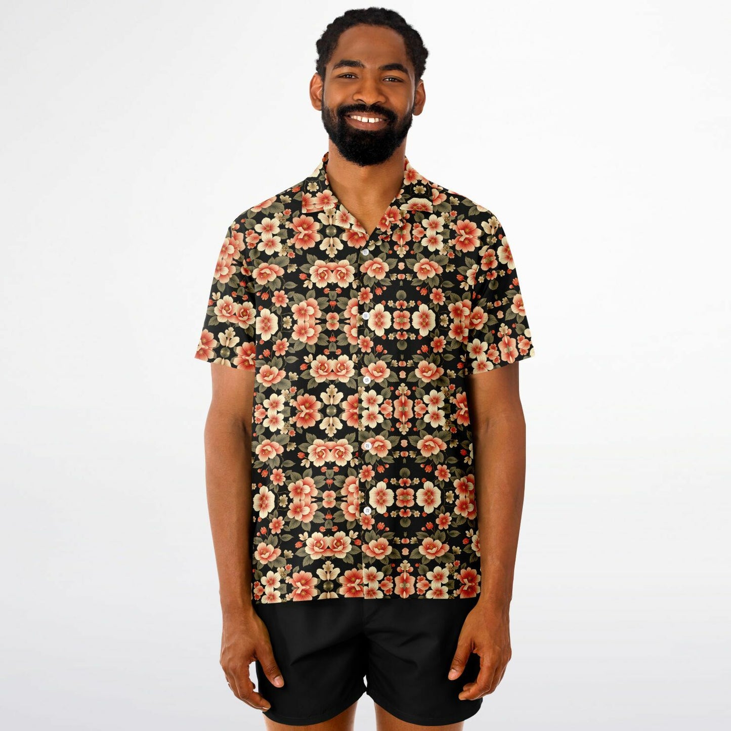 Black Floral Spread Collar Short Sleeve Button-Down Shirt - Bold & Trendy AOP