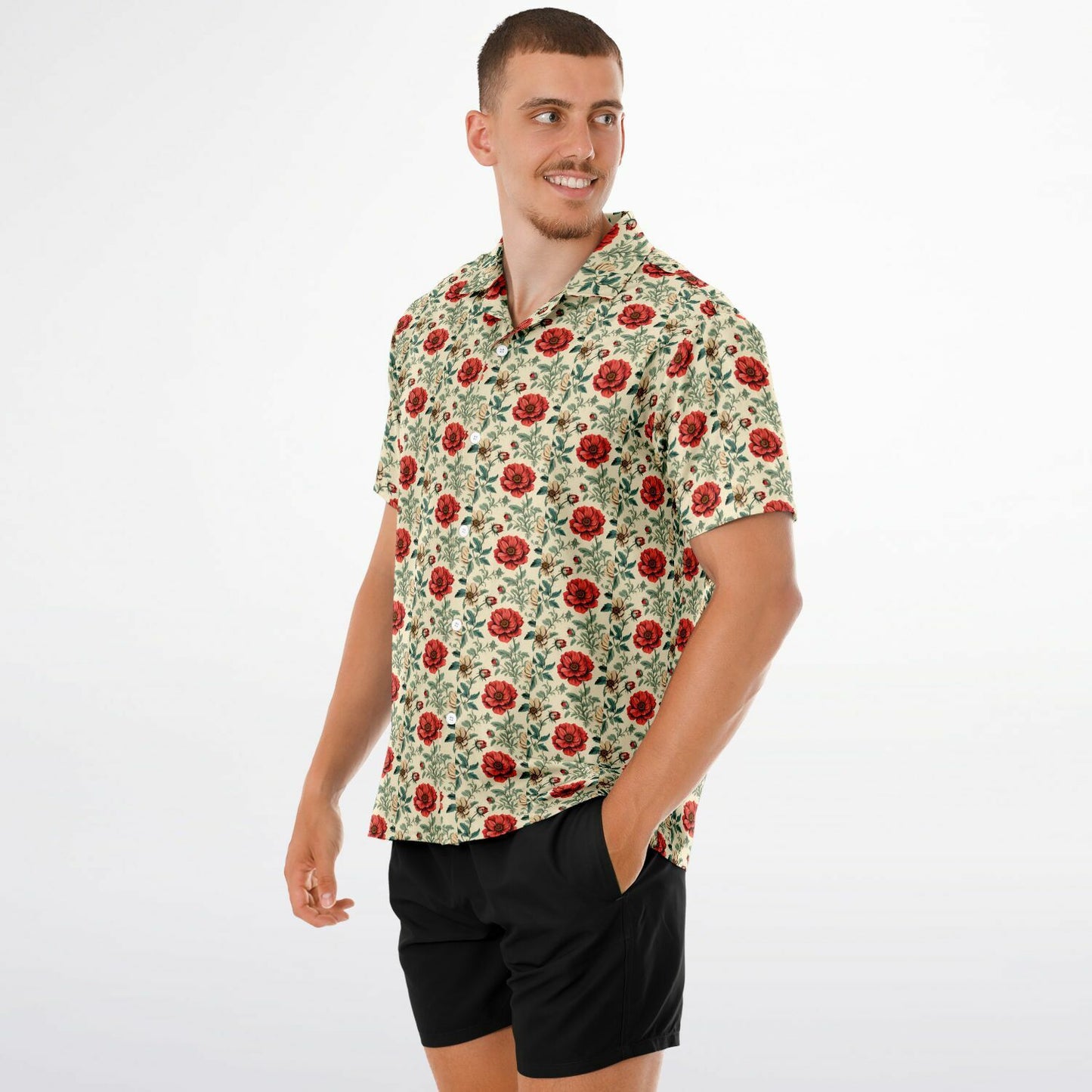 All-Over Rose Print Button-Down Shirt - Short Sleeve Spread Collar