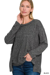 Zenana Full Size Brushed Hacci Exposed Seam Hi Low Sweater Plus Size