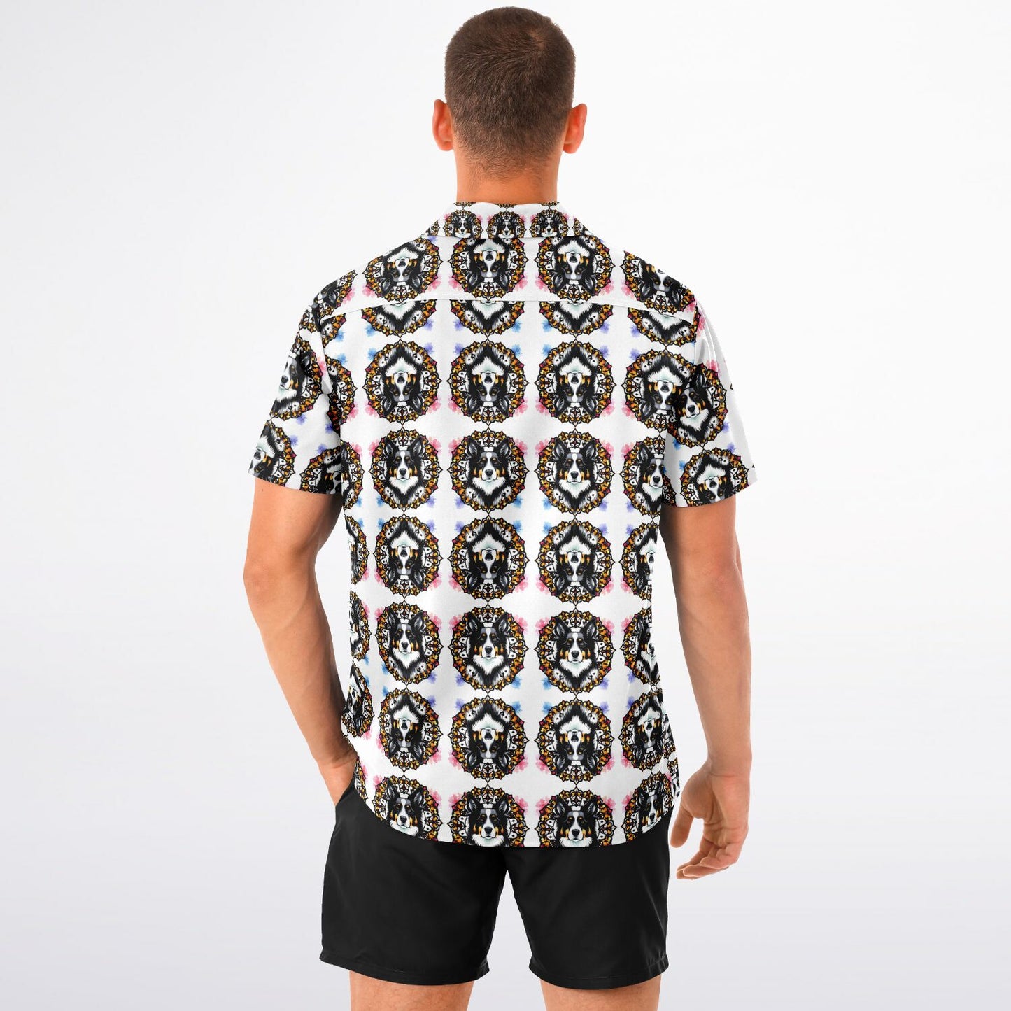 All-Over Dog Print Button-Down Shirt - Short Sleeve Spread Collar