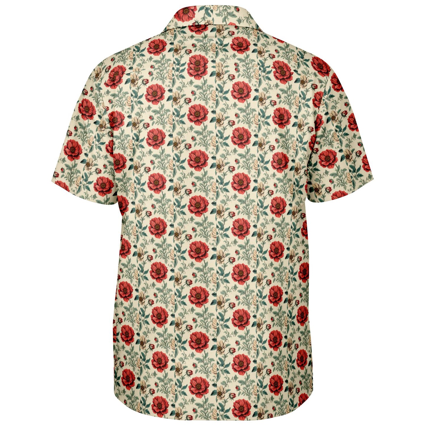 All-Over Rose Print Button-Down Shirt - Short Sleeve Spread Collar