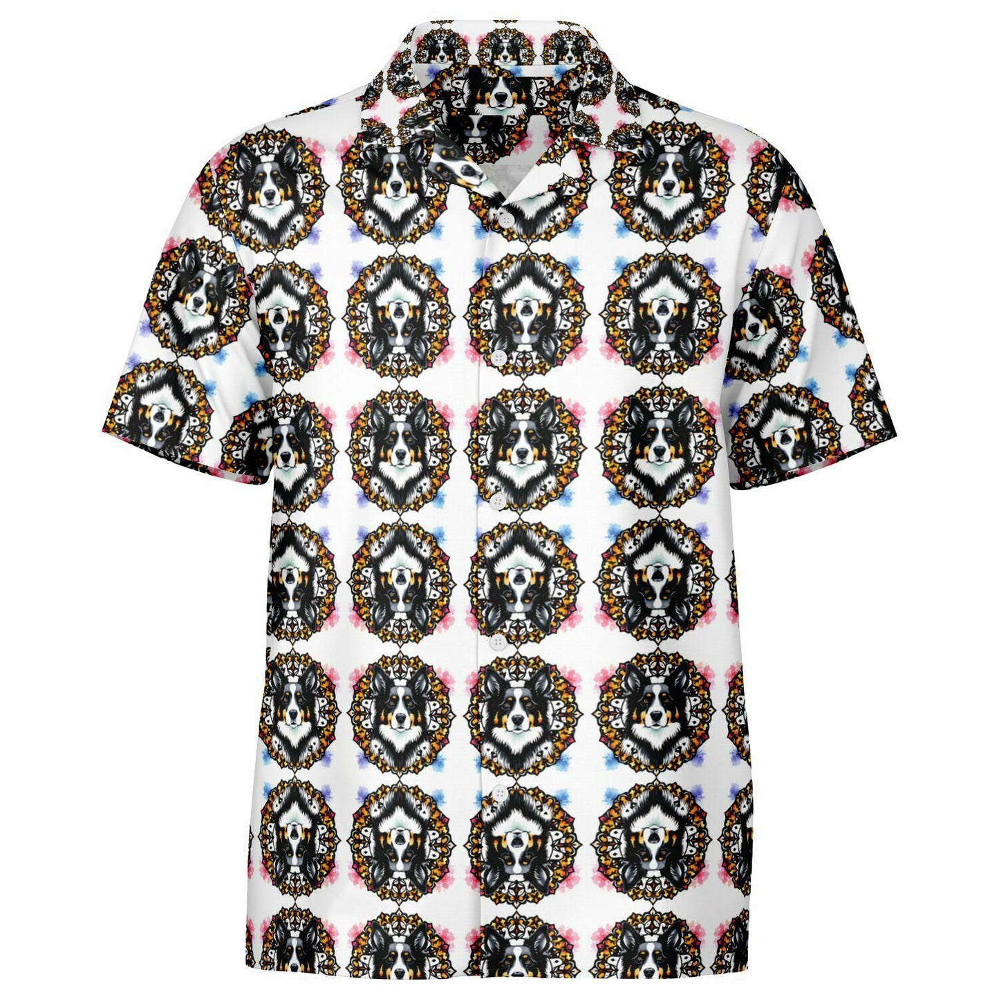 All-Over Dog Print Button-Down Shirt - Short Sleeve Spread Collar