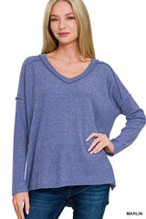 Zenana Full Size Brushed Ribbed Hacci Drop Shoulder V-Neck Sweater Plus Size