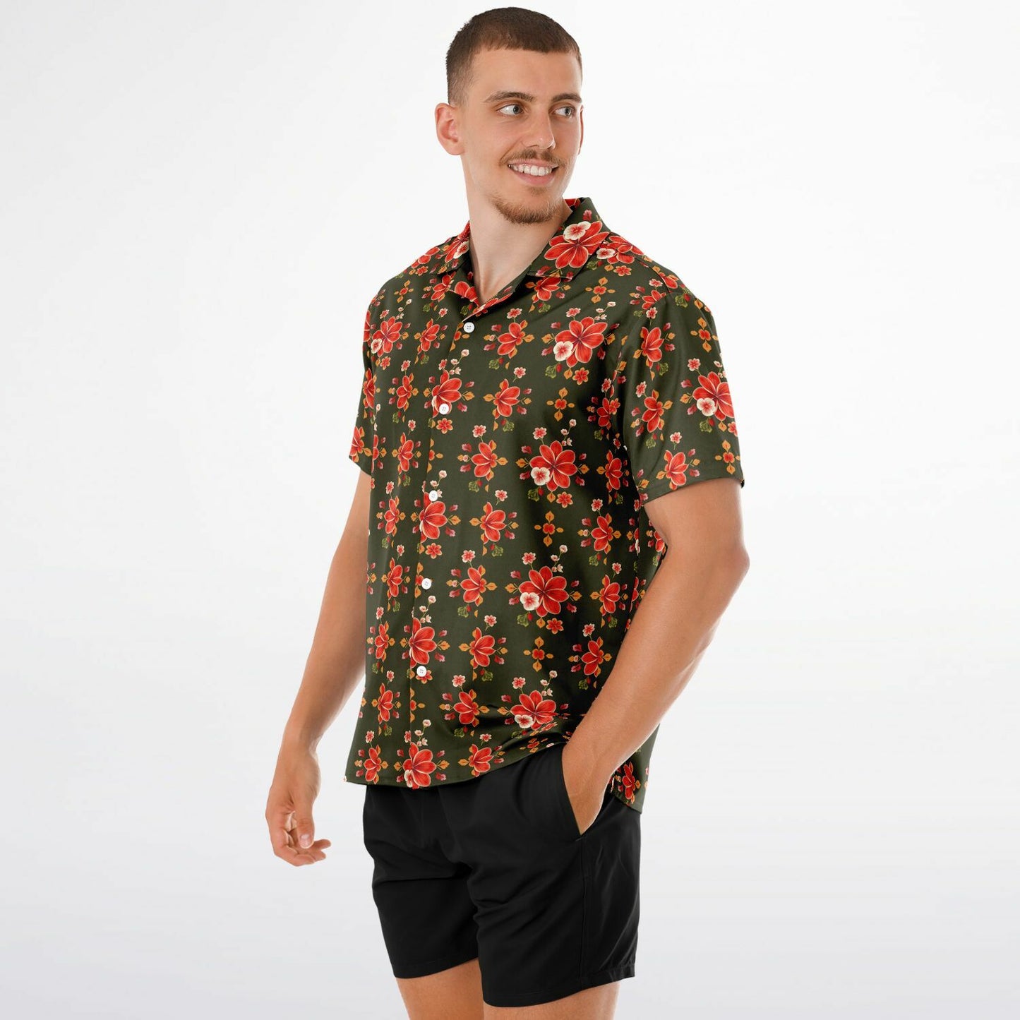 Rustic Floral Spread Collar Short Sleeve Button-Down Shirt - Lightweight AOP