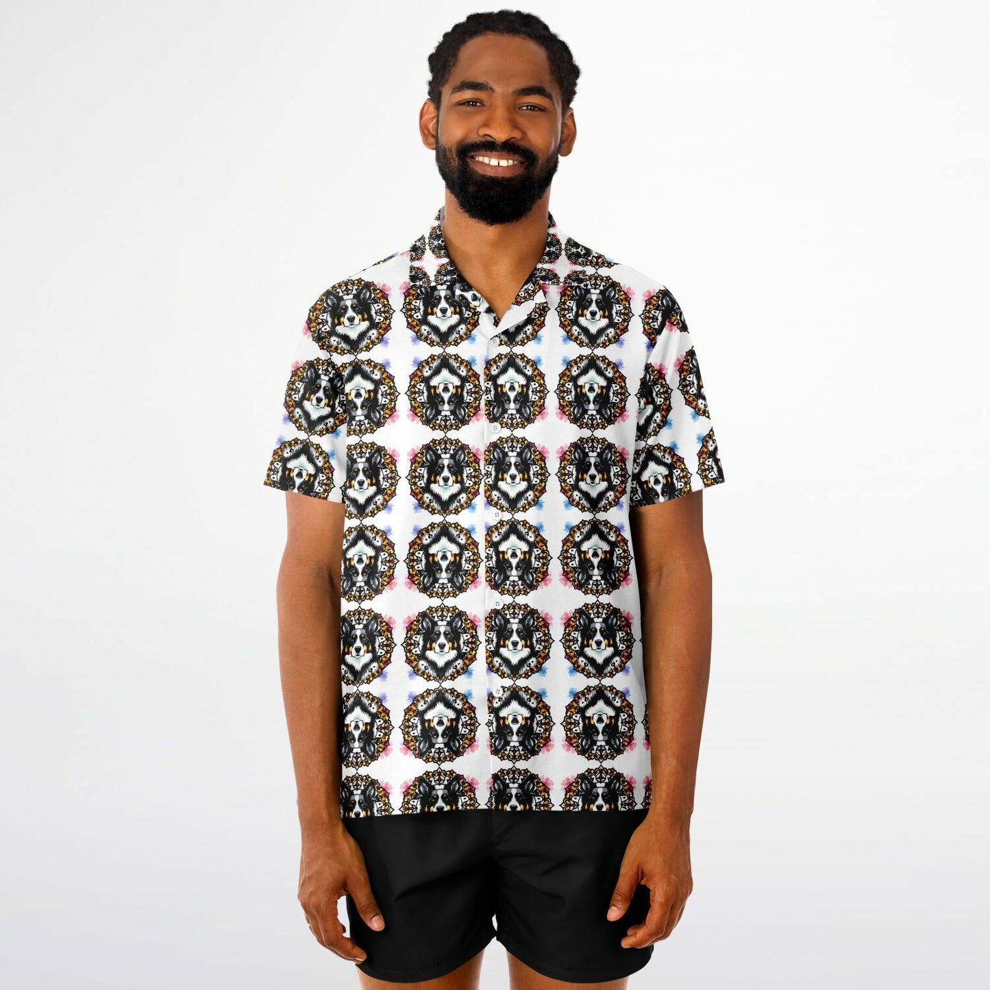 All-Over Dog Print Button-Down Shirt - Short Sleeve Spread Collar