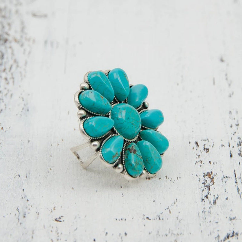 Artificial Turquoise Alloy Flower Ring