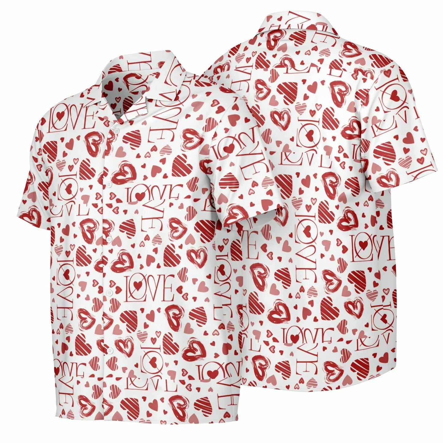 Heart patterned- Spread Collar Short Sleeve Button-Down Shirt - AOP