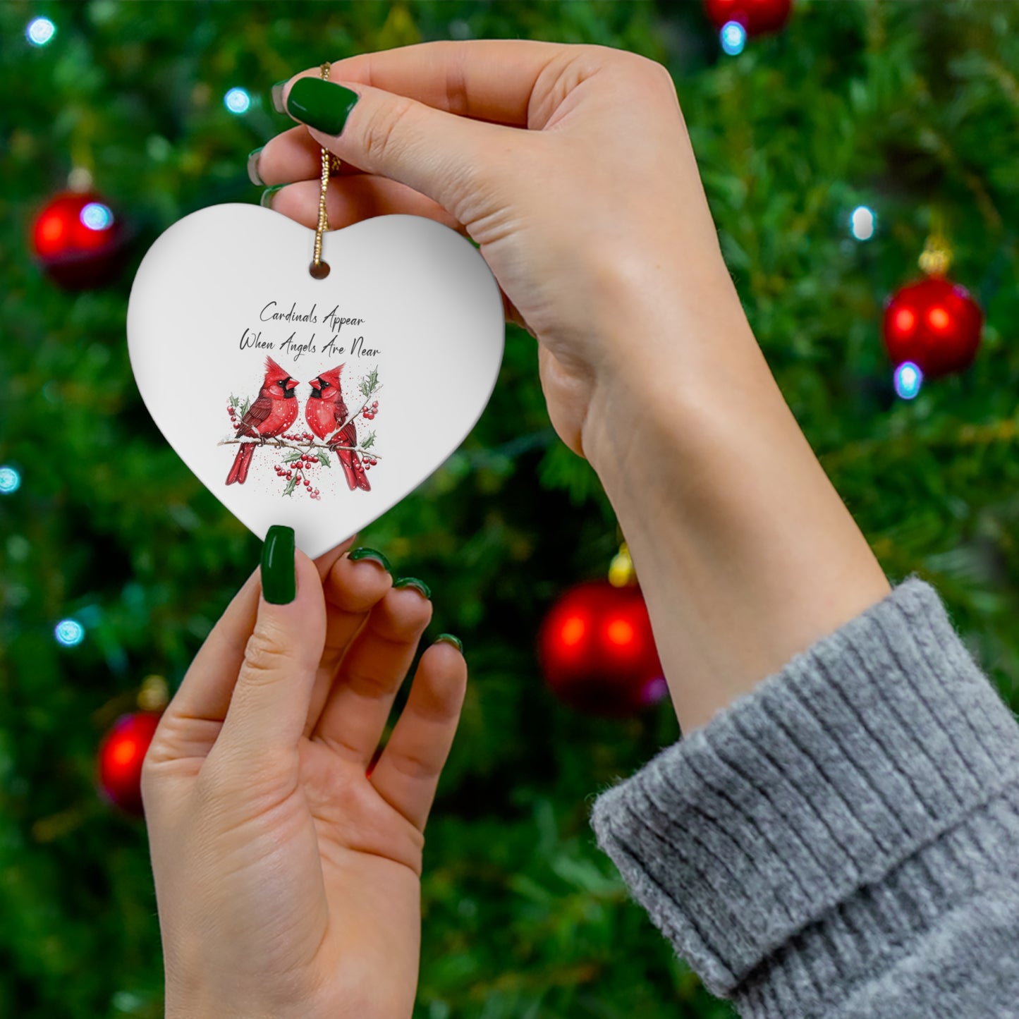 Christmas Cardinal Ceramic Ornament – "Cardinals Appear When Angels Are Near" – Holiday Decor