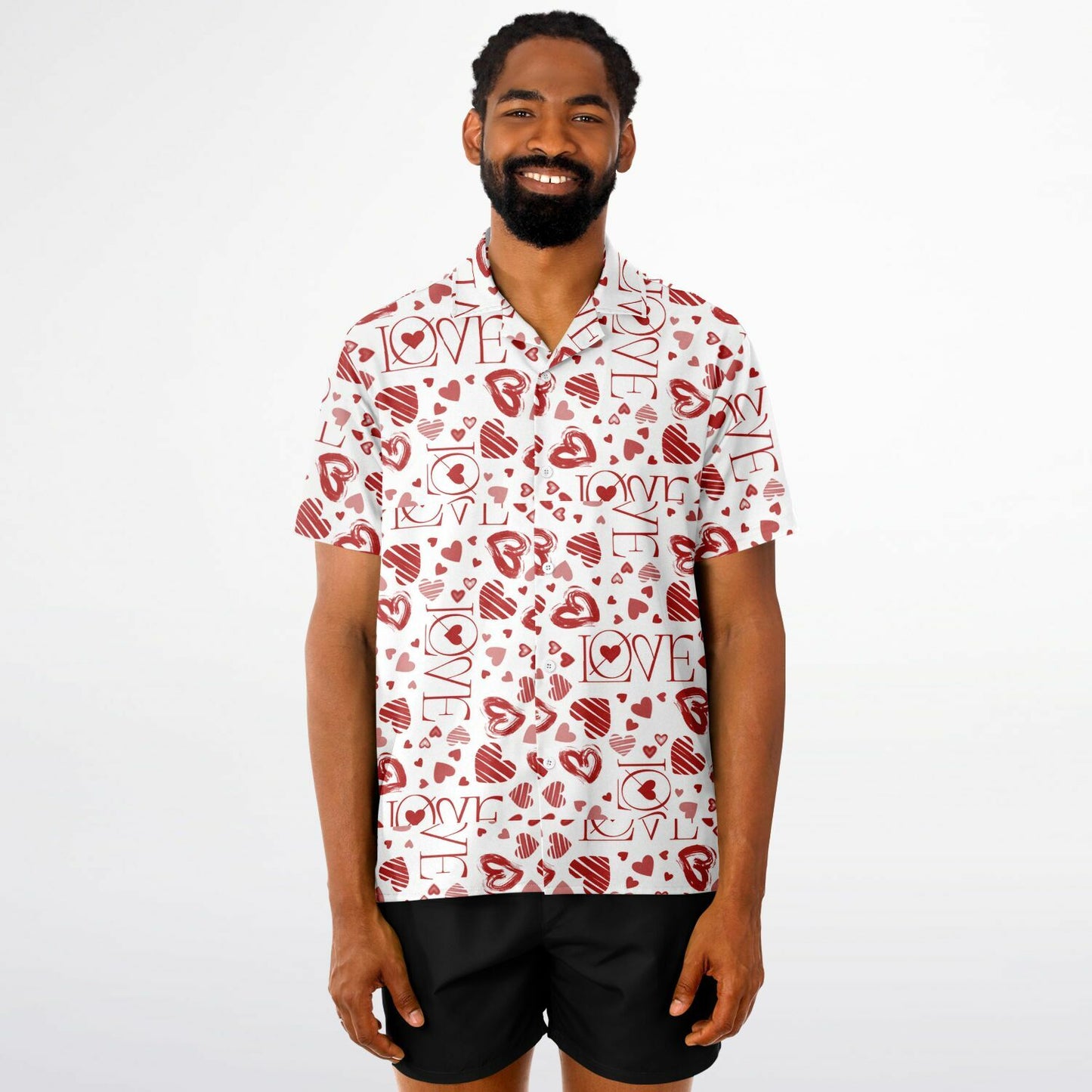 Heart patterned- Spread Collar Short Sleeve Button-Down Shirt - AOP