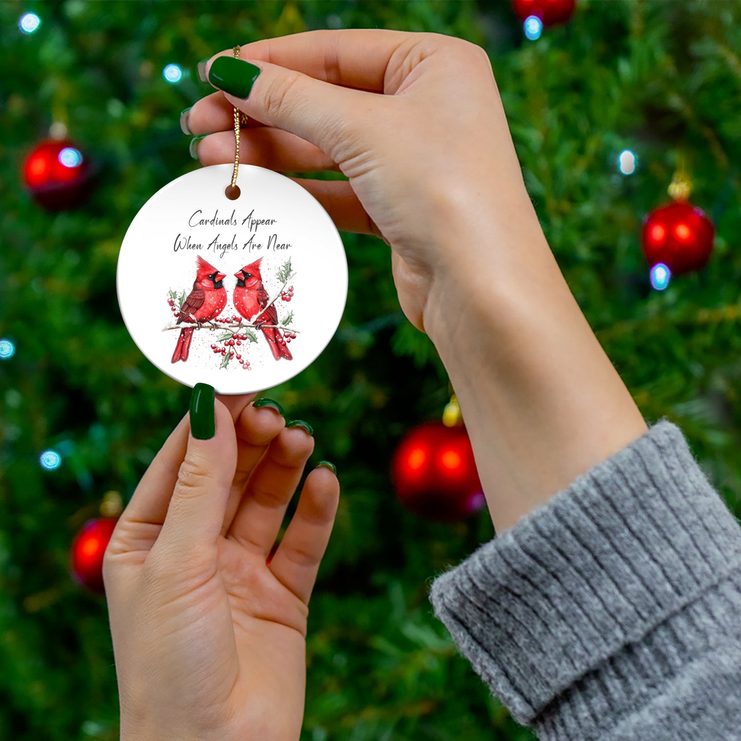 Christmas Cardinal Ceramic Ornament – "Cardinals Appear When Angels Are Near" – Holiday Decor