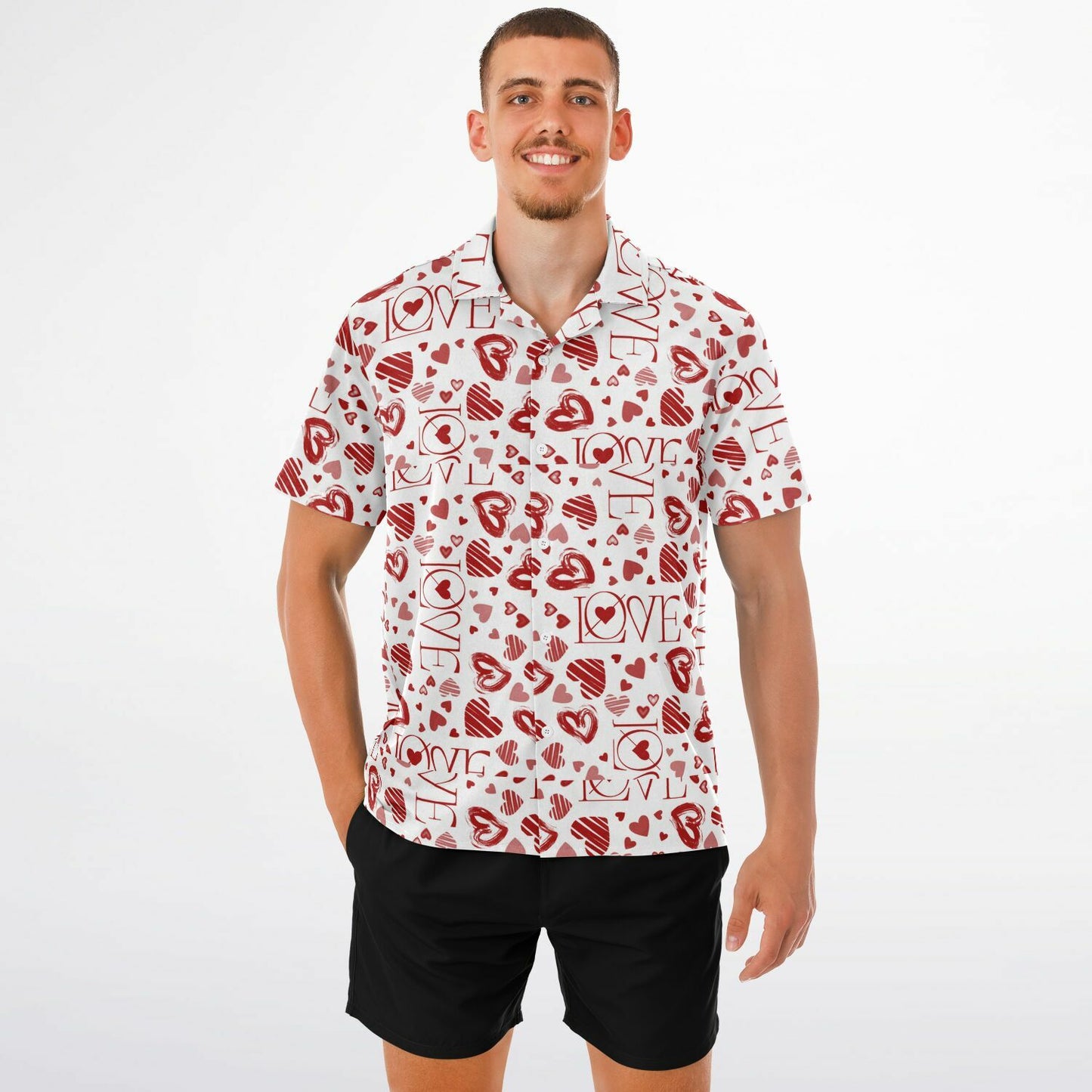 Heart patterned- Spread Collar Short Sleeve Button-Down Shirt - AOP