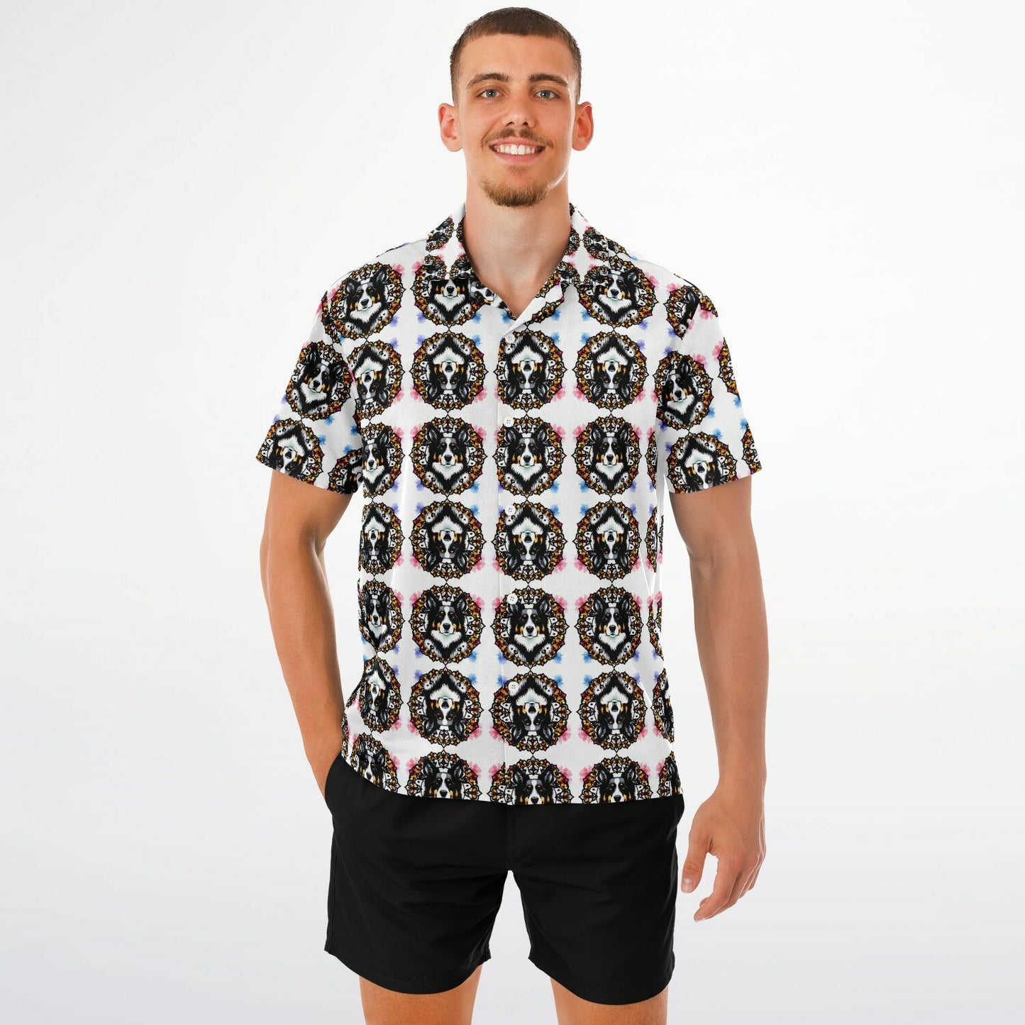 All-Over Dog Print Button-Down Shirt - Short Sleeve Spread Collar