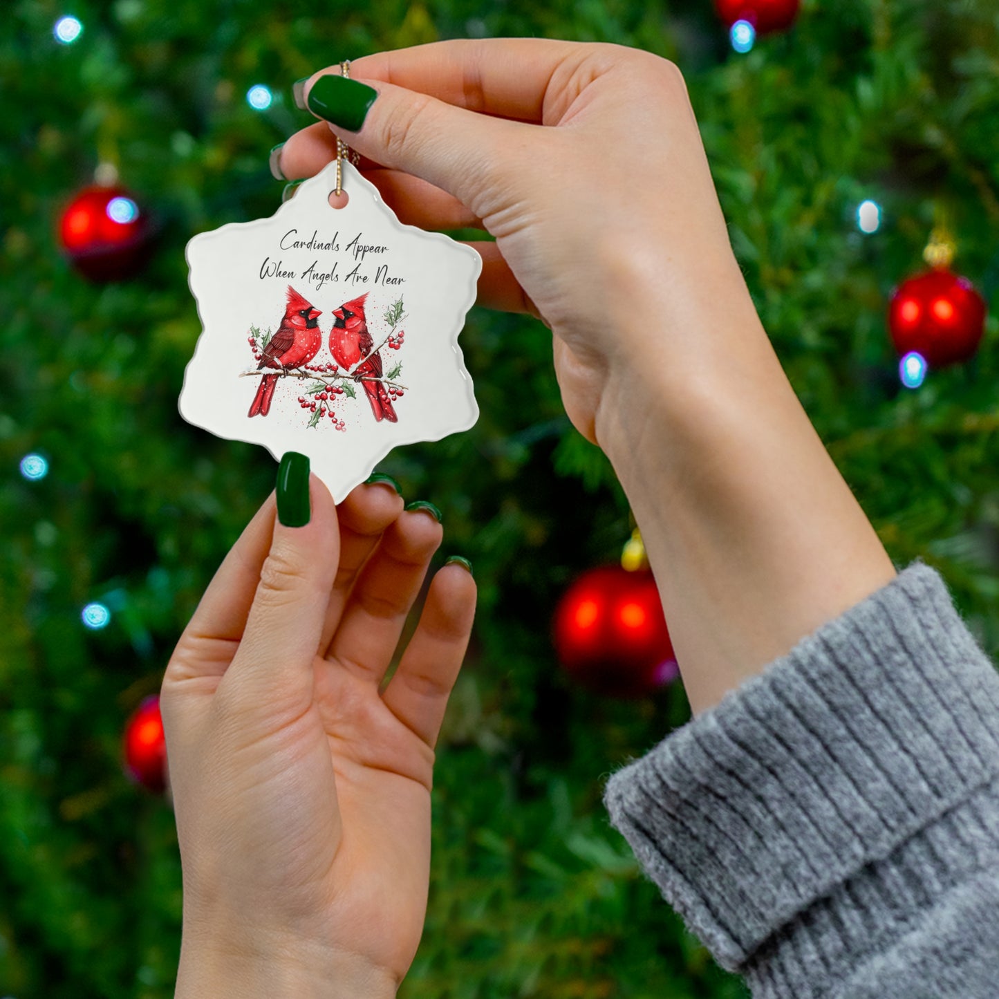 Christmas Cardinal Ceramic Ornament – "Cardinals Appear When Angels Are Near" – Holiday Decor