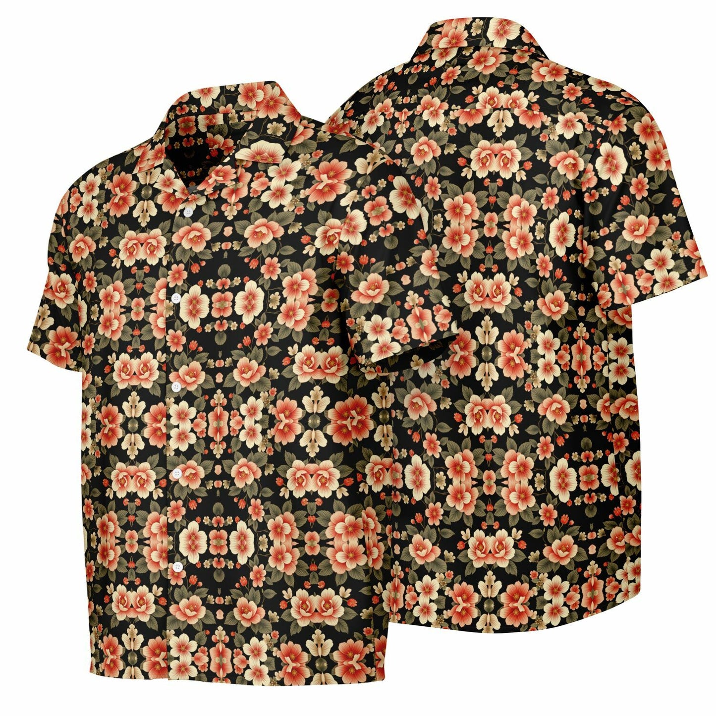 Black Floral Spread Collar Short Sleeve Button-Down Shirt - Bold & Trendy AOP