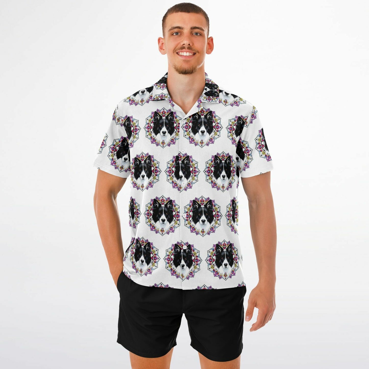 All-Over Dog Print Button-Down Shirt - Short Sleeve Spread Collar