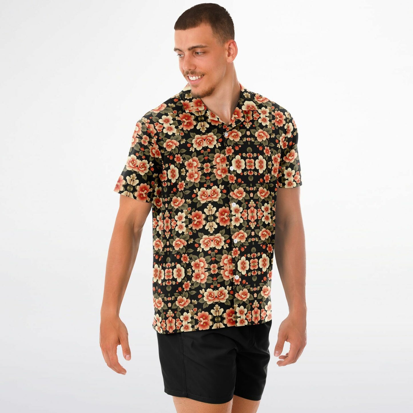 Black Floral Spread Collar Short Sleeve Button-Down Shirt - Bold & Trendy AOP