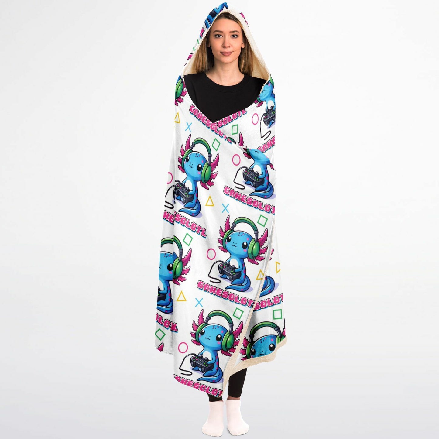 Gamesolotl Hooded Blanket - Ultra Soft Micro Fleece with Cute Axolotl Design - Cozy, Warm & All-Over Print