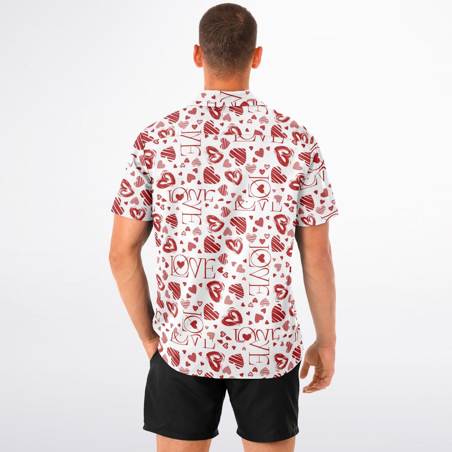 Heart patterned- Spread Collar Short Sleeve Button-Down Shirt - AOP