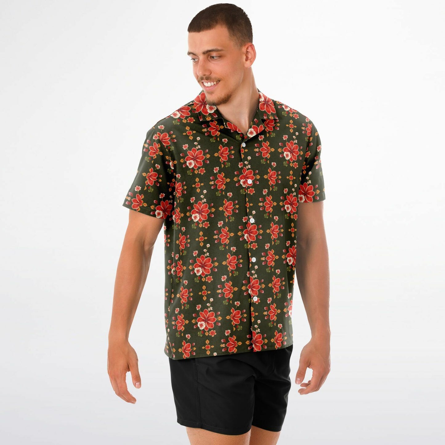 Rustic Floral Spread Collar Short Sleeve Button-Down Shirt - Lightweight AOP