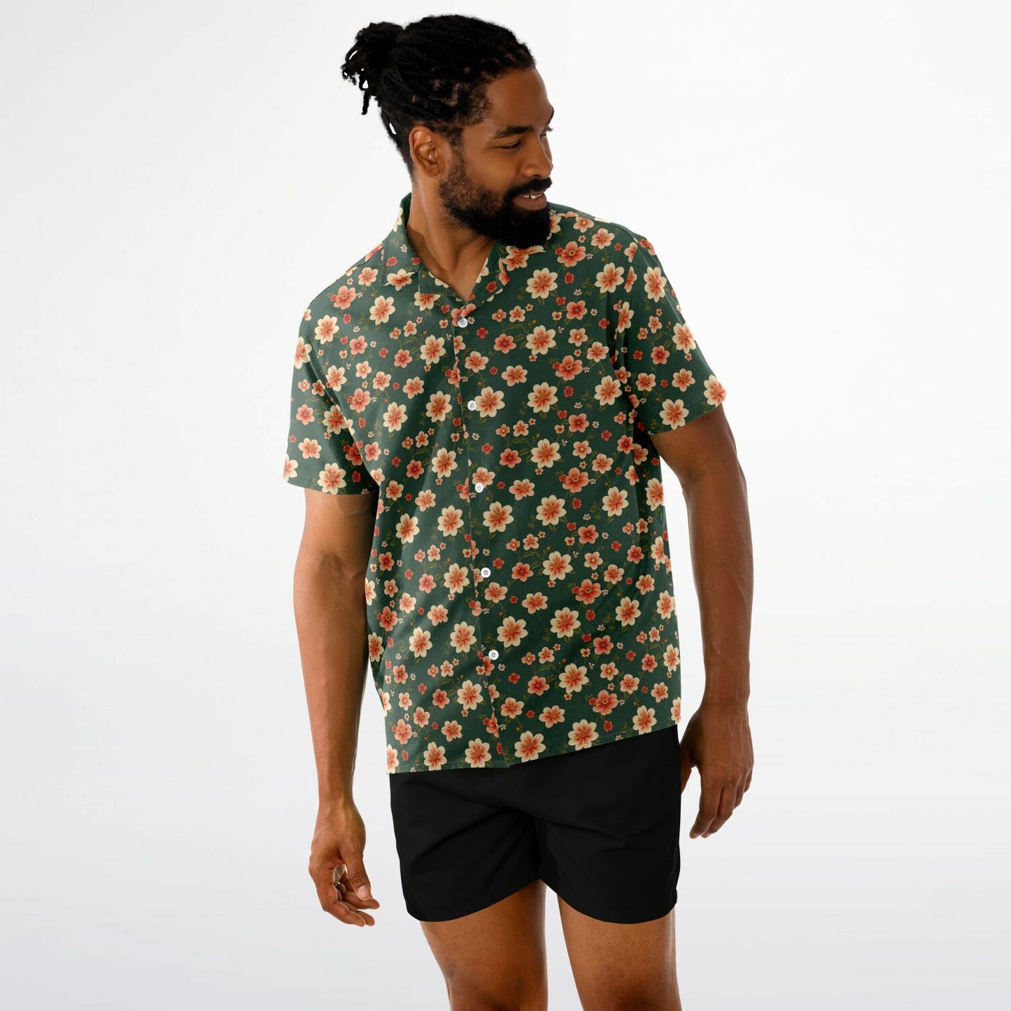 All-Over Floral Print Button-Down Shirt - Short Sleeve Spread Collar