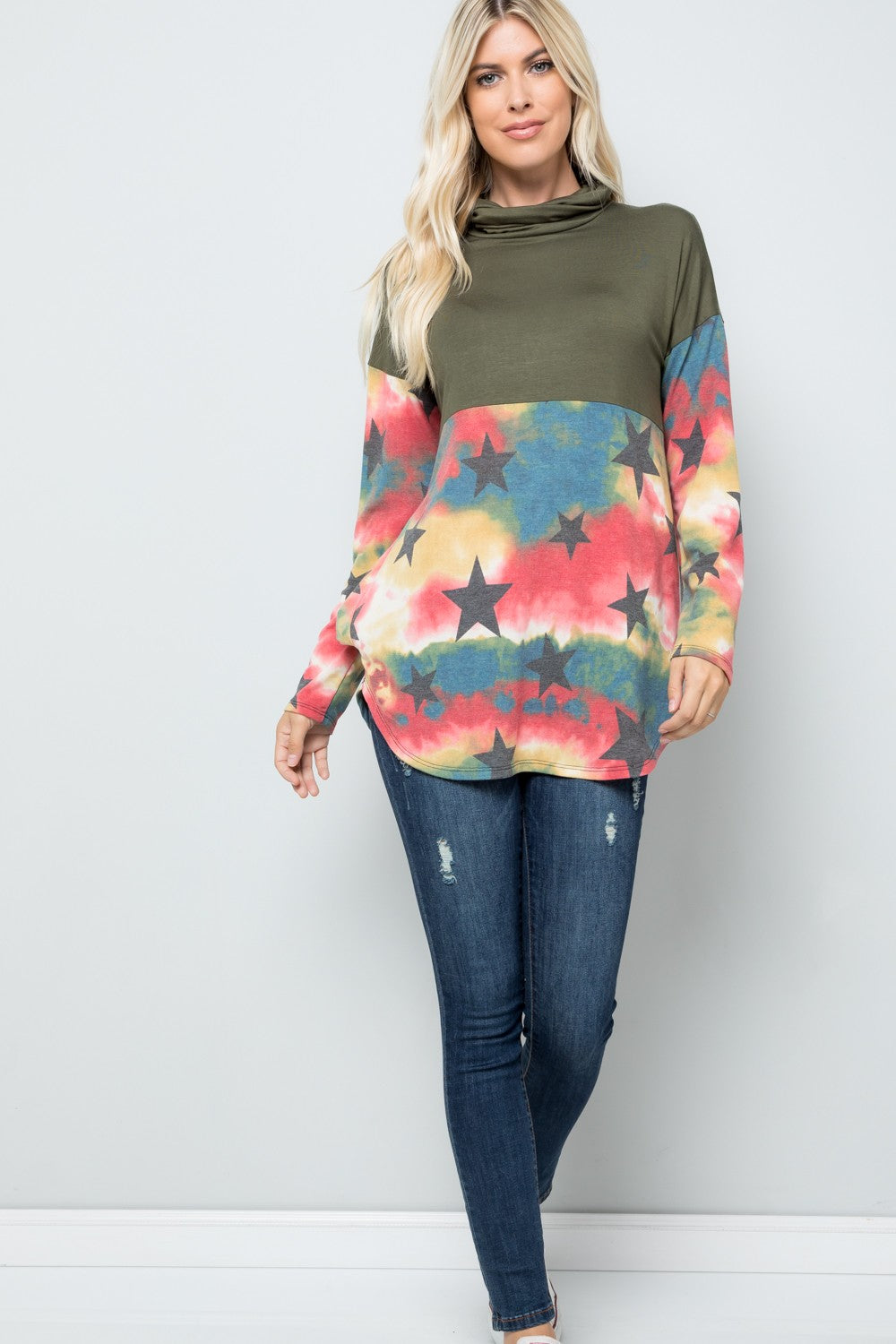 Celeste Full Size Tie-Dye Star Print Long Sleeve Blouse