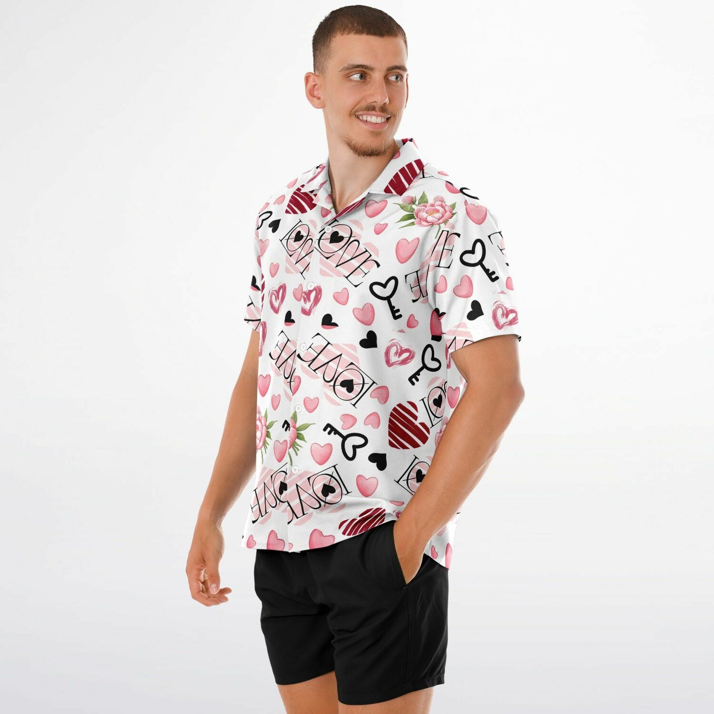 Heart Patterned Spread Collar Short Sleeve Button-Down Shirt – Stylish AOP for Casual Comfort