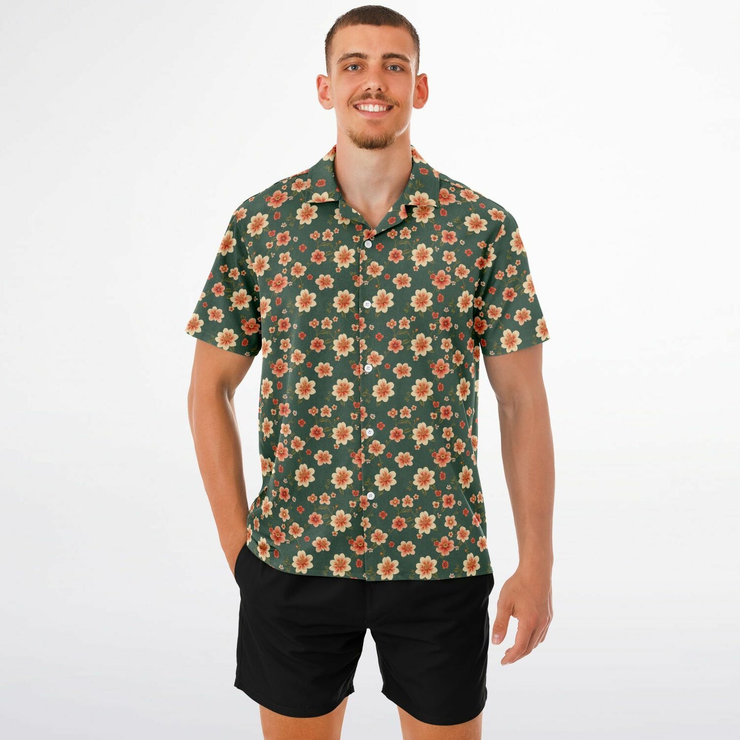 All-Over Floral Print Button-Down Shirt - Short Sleeve Spread Collar