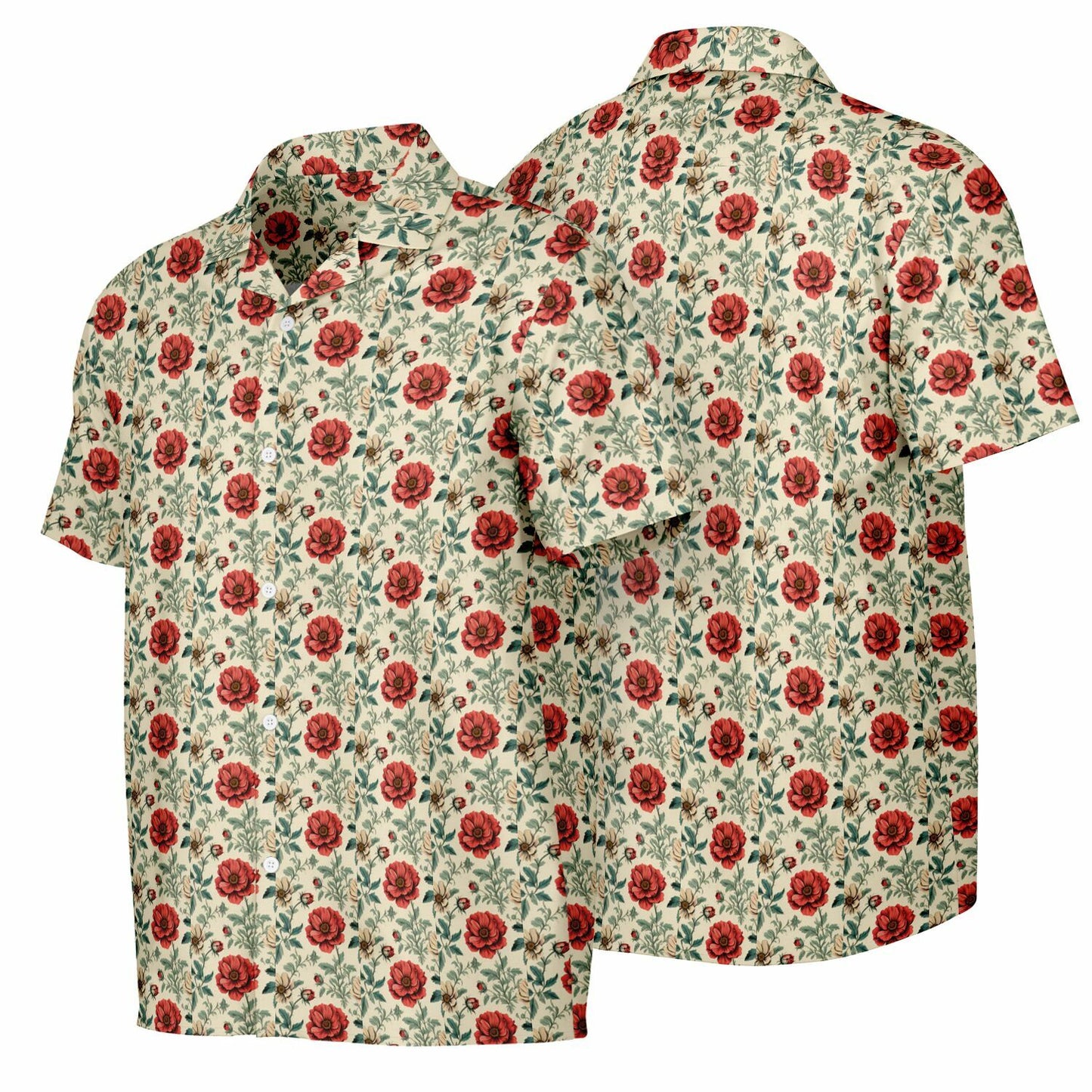 All-Over Rose Print Button-Down Shirt - Short Sleeve Spread Collar