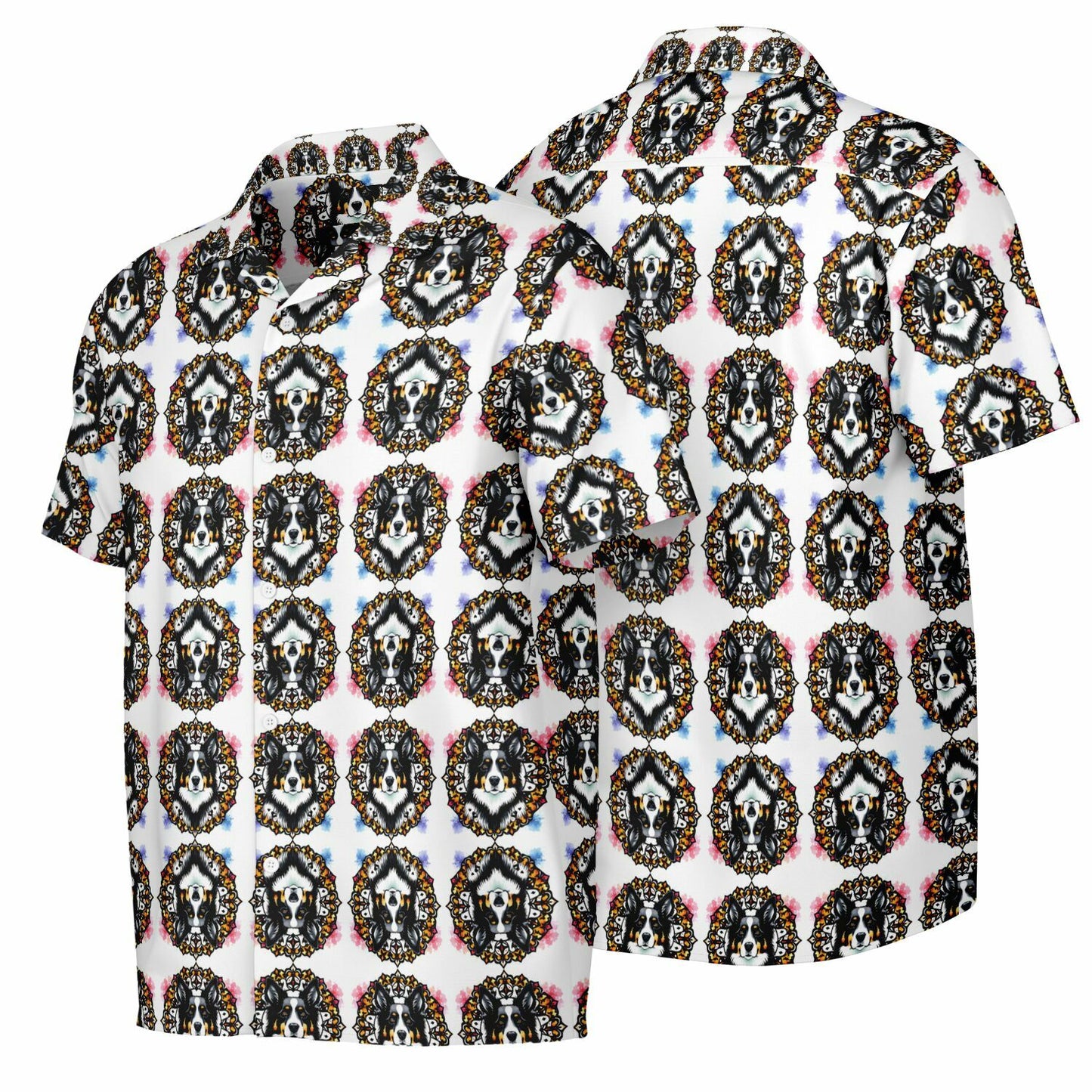 All-Over Dog Print Button-Down Shirt - Short Sleeve Spread Collar