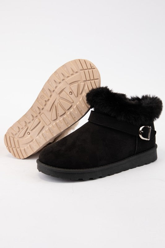 WILD DIVA Faux-Fur Buckle Round Toe Booties