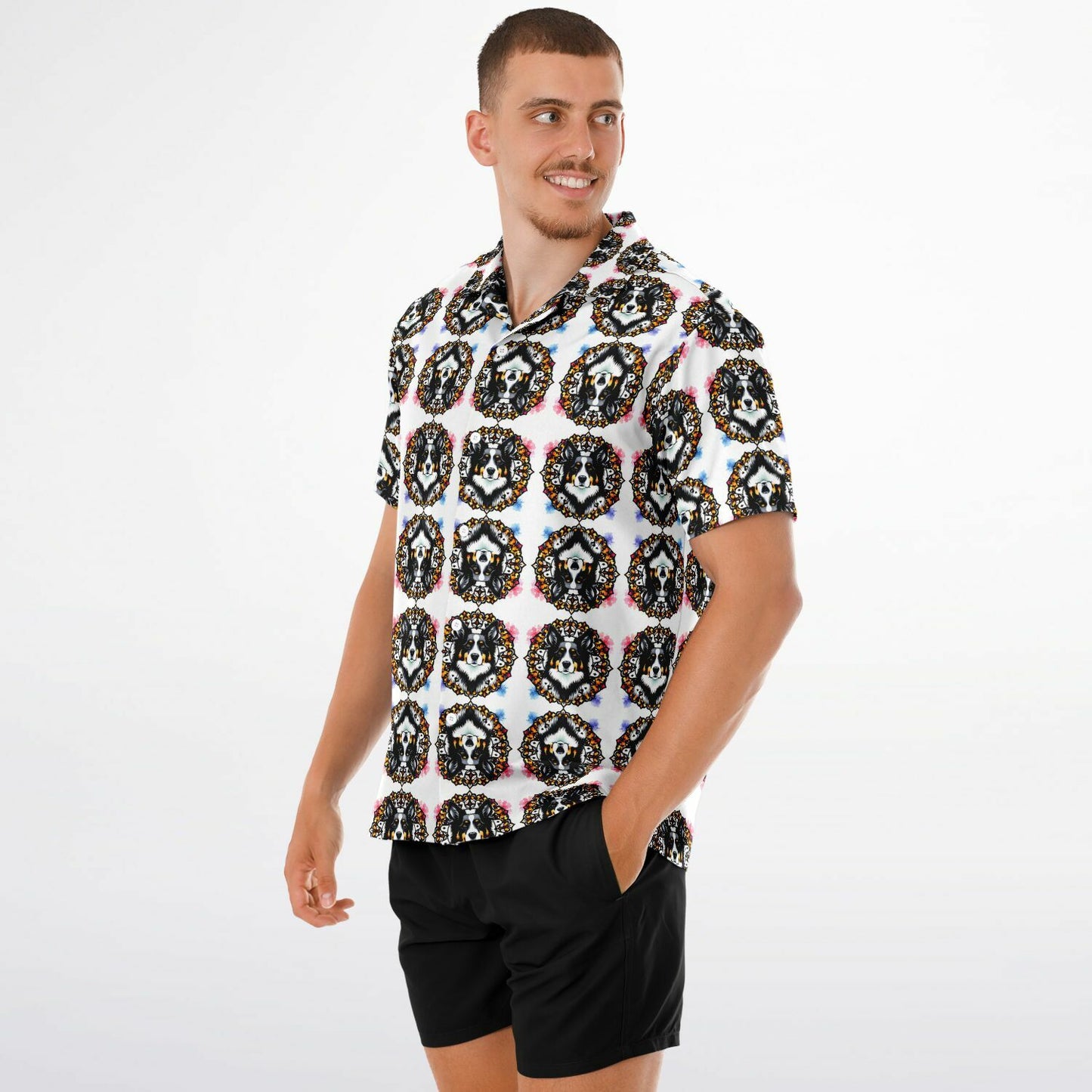 All-Over Dog Print Button-Down Shirt - Short Sleeve Spread Collar