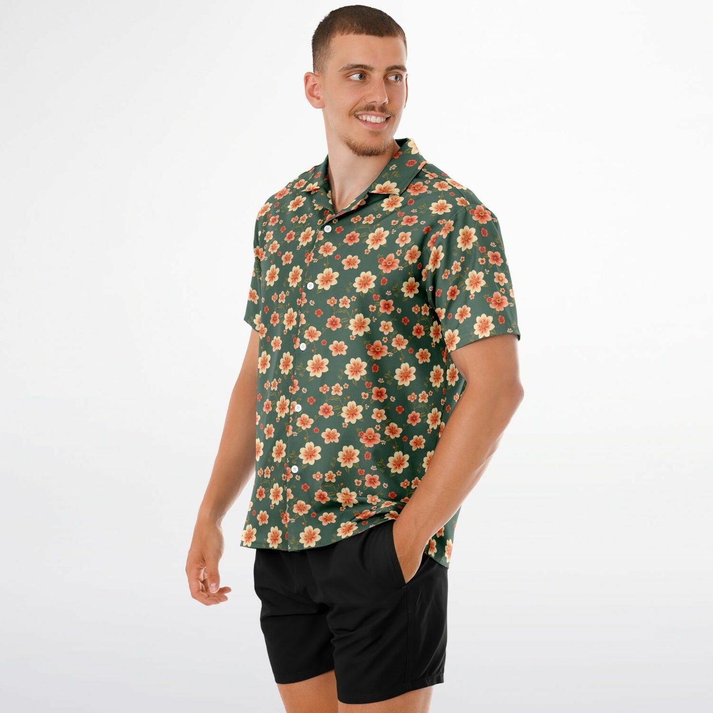 All-Over Floral Print Button-Down Shirt - Short Sleeve Spread Collar