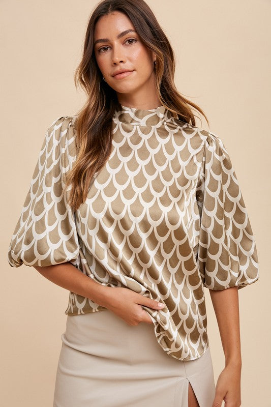 Annie Wear Tie Back Abstract Print Mock Neck Half Sleeve Blouse