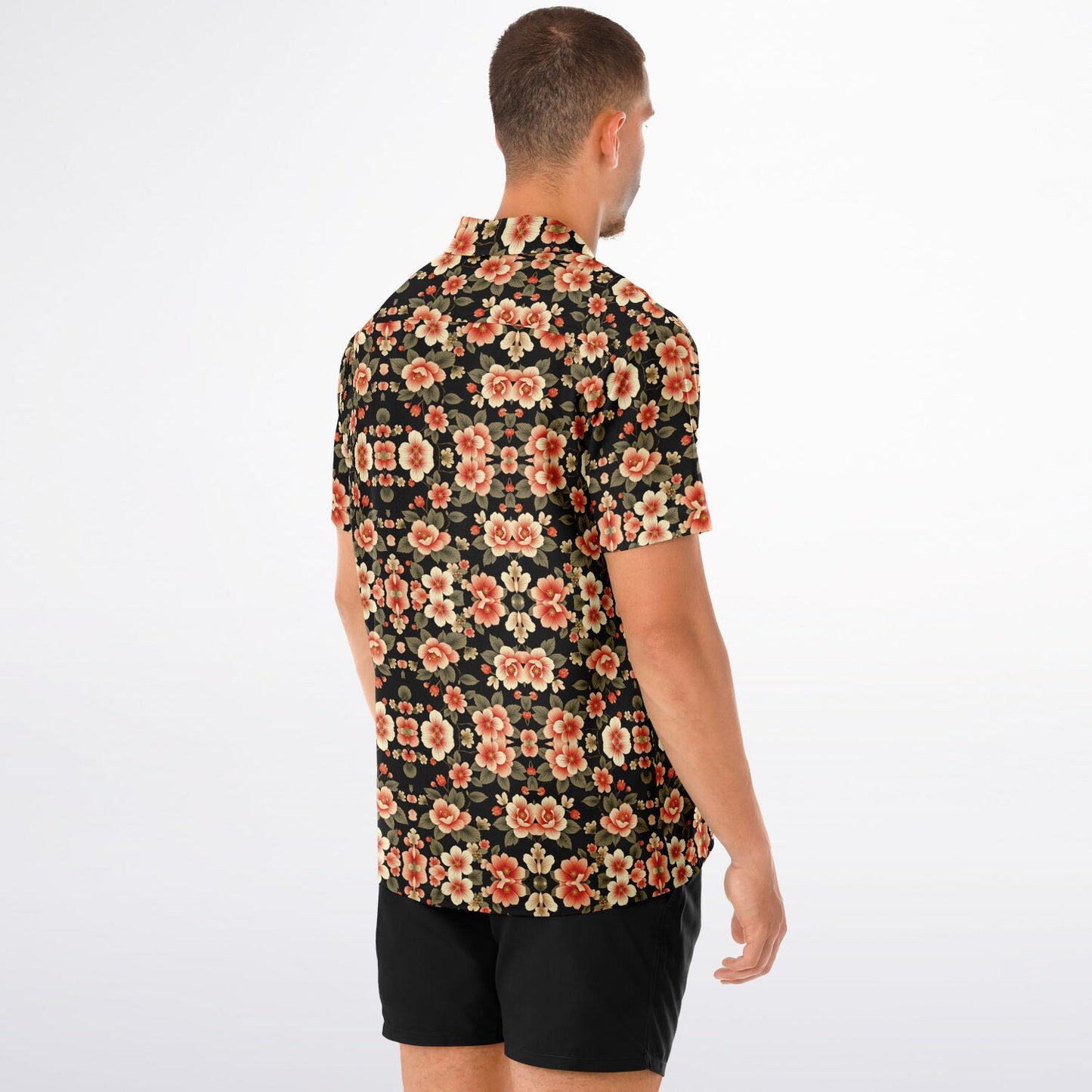 Black Floral Spread Collar Short Sleeve Button-Down Shirt - Bold & Trendy AOP