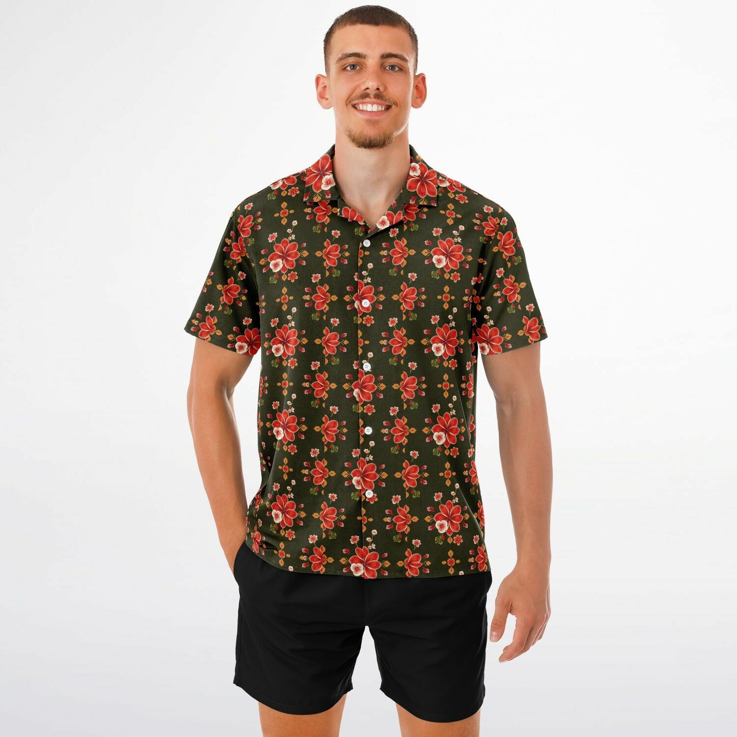 Rustic Floral Spread Collar Short Sleeve Button-Down Shirt - Lightweight AOP